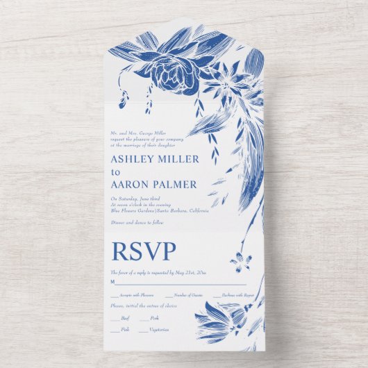Blauwe en witte lijn kunst bloemen bruiloft all in one uitnodiging (Binnen)