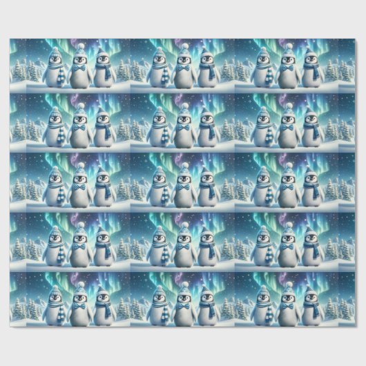 Blauwe en witte Majestic Kerstmis Pinguïns Cadeaupapier (Vlak)