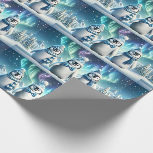 Blauwe en witte Majestic Kerstmis Pinguïns Cadeaupapier (Hoek)