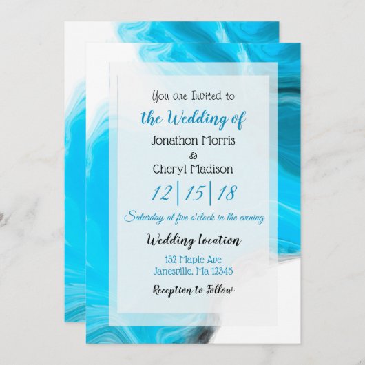 Blauwe en witte marmervochtige bruiloft kaart (Voorkant / Achterkant)