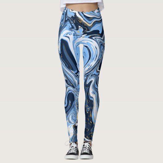 Blauwe en witte marmervochtige kunst leggings (Voorkant)