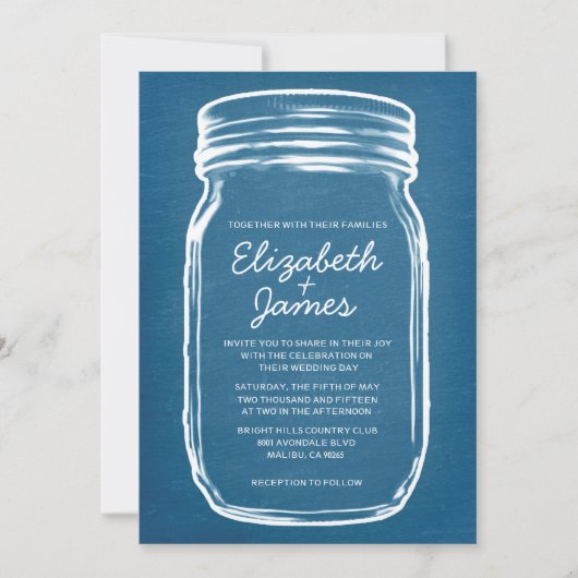 Blauwe en witte Mason Jar Wedding Invitations Kaart (Voorkant)