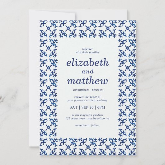 Blauwe en witte mediterrane Tegels bruiloft Kaart (Voorkant)