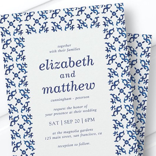 Blauwe en witte mediterrane Tegels bruiloft Kaart