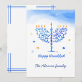 Blauwe en witte Menorah-kaarsen met de wens van Ha Bedankkaart (Voorkant / Achterkant)