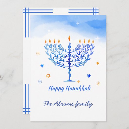 Blauwe en witte Menorah-kaarsen met de wens van Ha Bedankkaart (Voorkant / Achterkant)