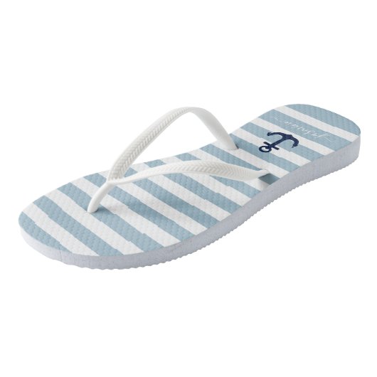 Blauwe en witte Nautical Stripe Naam Teenslippers (Schuin)