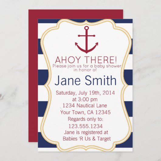 Blauwe en witte Nautische Baby shower Uitnodiging (Voorkant / Achterkant)