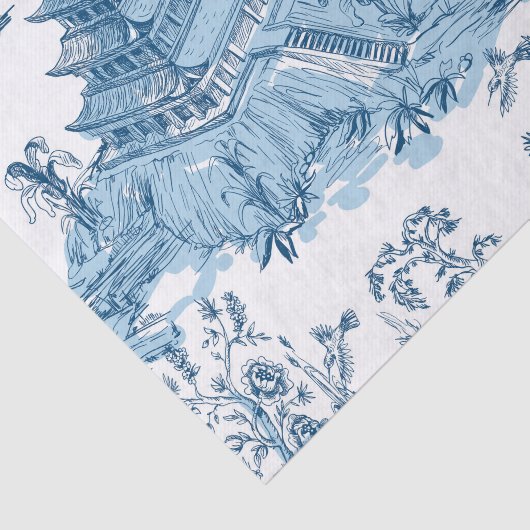 Blauwe en Witte Pagoda Chinoiserie Tissuepapier (Detail)