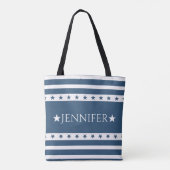 Blauwe en witte patriottische sterren en stripes, tote bag (Achterkant)