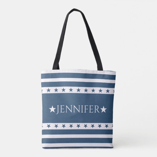 Blauwe en witte patriottische sterren en stripes, tote bag (Achterkant)