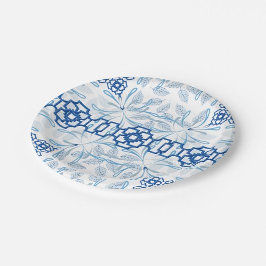 Blauwe en witte platte platte duinen papieren bordje (Gekanteld)