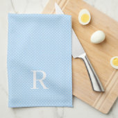 Blauwe en witte poka Dot Monogrammed Theedoek (Quarter Fold)