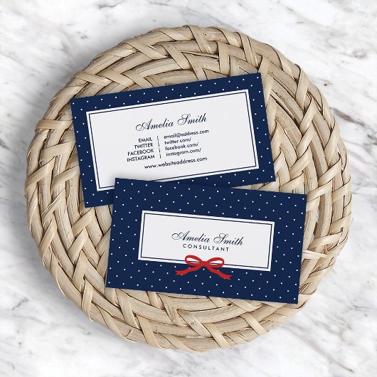 Blauwe en witte poka Dot Red Ribbon Social Media Visitekaartje