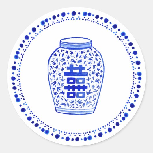 Blauwe en witte potjes ronde sticker (Voorkant)