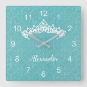 Blauwe en witte prinses Tiara Wall Clock Vierkante Klok (Voorkant)