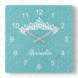 Blauwe en witte prinses Tiara Wall Clock Vierkante Klok