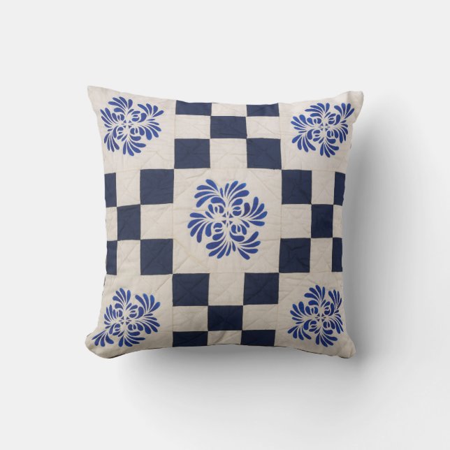 Blauwe en witte quilt kussen (Voorkant)