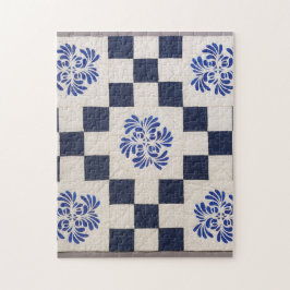 Blauwe en witte quilt legpuzzel