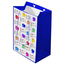 Blauwe en witte regenboog Cartoon Elephants Birthd Medium Cadeauzakje