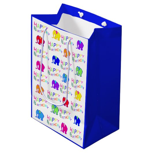Blauwe en witte regenboog Cartoon Elephants Birthd Medium Cadeauzakje (Voorkant Gekanteld)