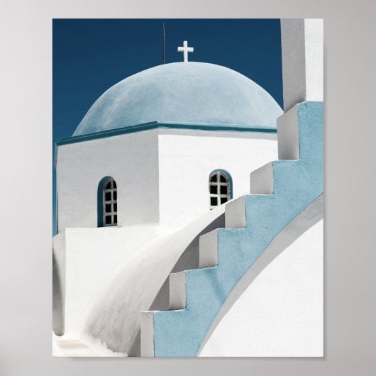 Blauwe en witte Reis Santorini Oia Church Poster (Voorkant)