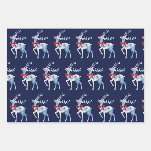 Blauwe en witte rendiervakantiewerkbladen inpakpapier vel (Voorkant 2)