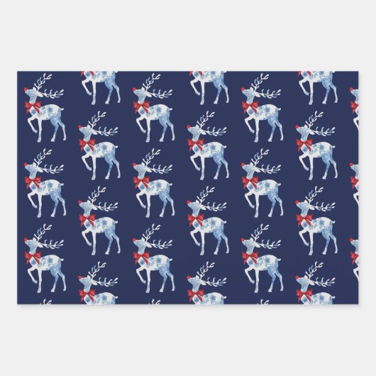 Blauwe en witte rendiervakantiewerkbladen inpakpapier vel (Voorkant)