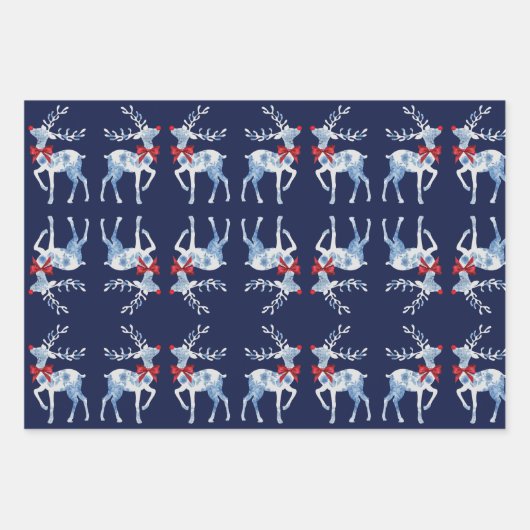 Blauwe en witte rendiervakantiewerkbladen inpakpapier vel (Voorkant 3)