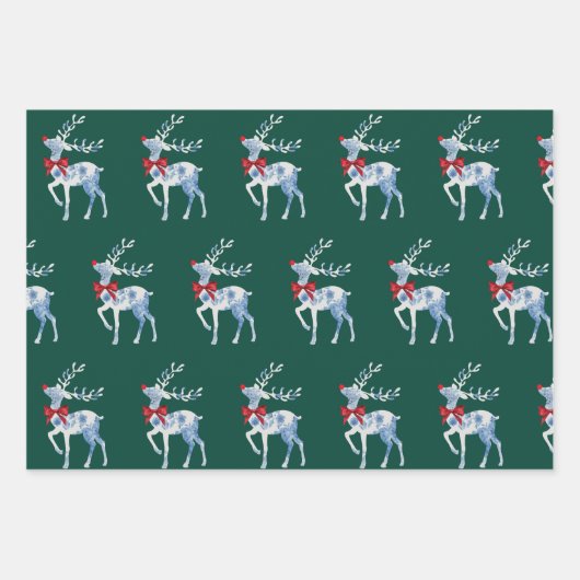 Blauwe en witte rendiervakantiewerkbladen inpakpapier vel (Voorkant 3)