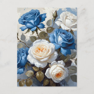 Blauwe en witte rozen bloemenprint briefkaart