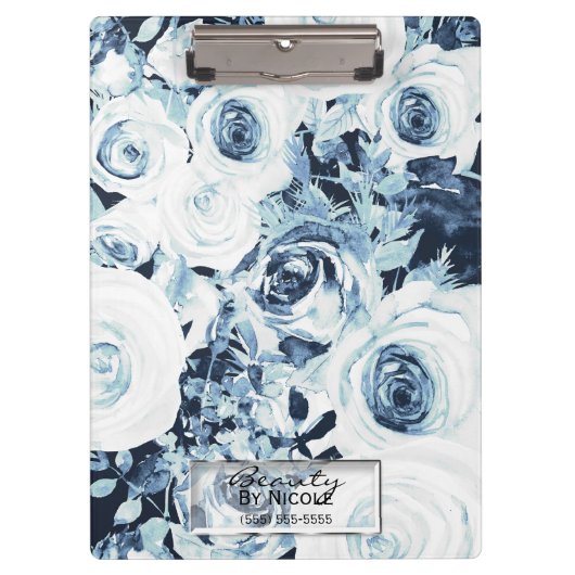 Blauwe en witte rozen Glam Modern Floral Klembord (Voorkant)