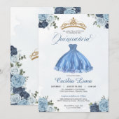 Blauwe en witte rozen Princess Quinceañera Birthda Kaart (Voorkant / Achterkant)
