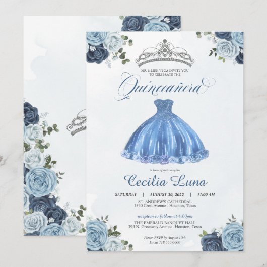 Blauwe en witte rozen Princess Quinceañera Birthda Kaart (Voorkant / Achterkant)