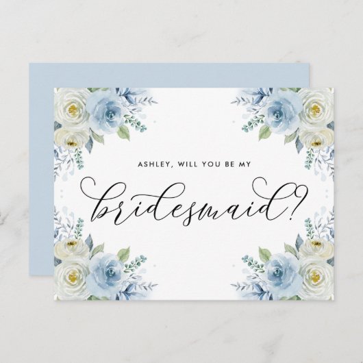 Blauwe en witte rozen zullen mijn Bridesmaid zijn Aankondigingskaart (Voorkant / Achterkant)