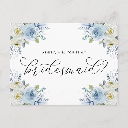 Blauwe en witte rozen zullen mijn Bridesmaid zijn Aankondigingskaart (Voorkant)