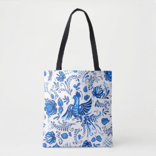 Blauwe en witte Russische versiering Tote Bag