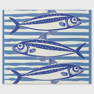 Blauwe en witte sardines strepen cadeaupapier