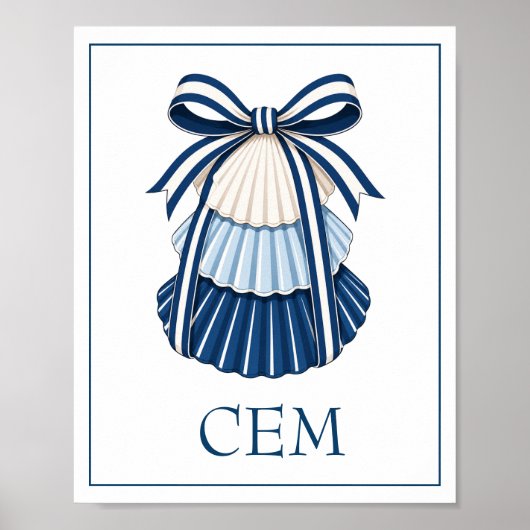 Blauwe en Witte Schelpen en Lint Monogram Poster (Voorkant)