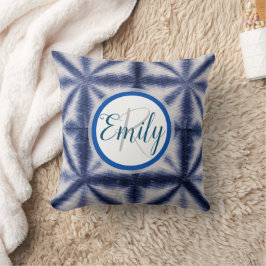Blauwe en witte Shibori Cirkel Tie Dye Monogram Na Kussen