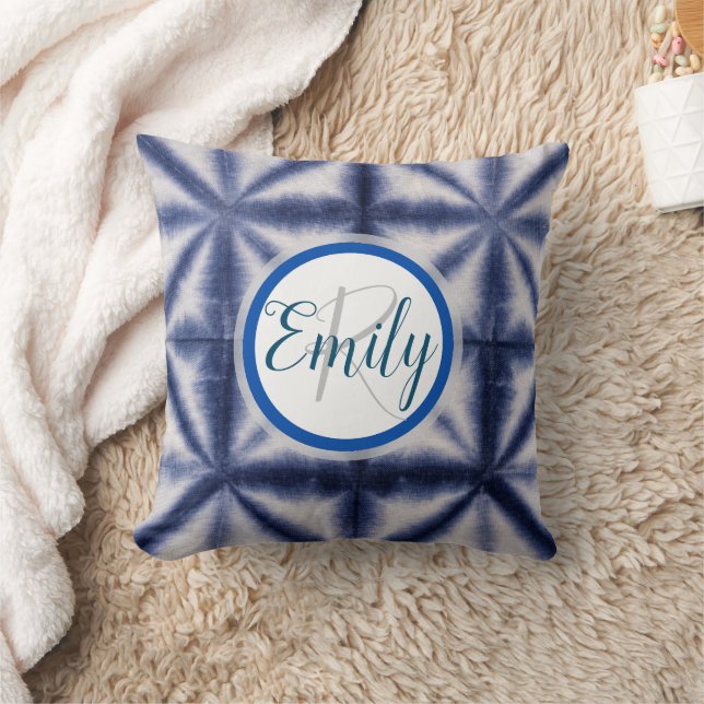 Blauwe en witte Shibori Cirkel Tie Dye Monogram Na Kussen (Deken)