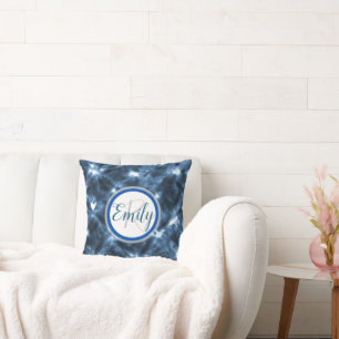 Blauwe en witte Shibori Cirkel Tie Dye Monogram Na Kussen