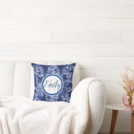 Blauwe en witte Shibori Cirkel Tie Dye Monogram Na Kussen