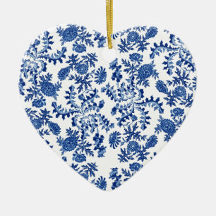 Blauwe en witte sierbloem keramisch ornament