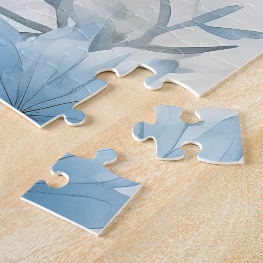 Blauwe en witte sneeuwval bomen in de winter sneeu legpuzzel (Zijkant)