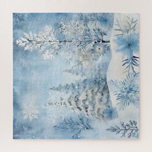 Blauwe en witte sneeuwval bomen in de winter sneeu legpuzzel (Verticaal)
