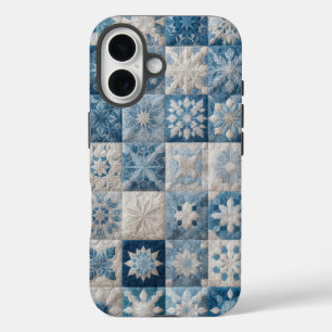 Blauwe en witte sneeuwvlok quilt iPhone 16 hoesje