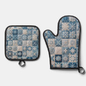 Blauwe en witte sneeuwvlok quilt ovenwant & pannenlap set (Voorkant)