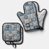 Blauwe en witte sneeuwvlok quilt ovenwant & pannenlap set (Voorkant / Achterkant)