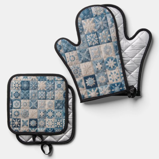 Blauwe en witte sneeuwvlok quilt ovenwant & pannenlap set (Voorkant / Achterkant)